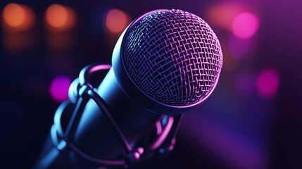 Poster - Professional Microphone with Purple Lighting and Soft Bokeh Ideal for Modern Audio Content : Generative AI