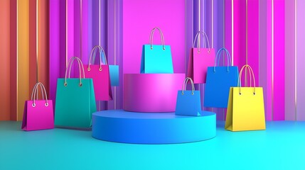 Poster - Vivid Shopping Bags on Geometric Pedestal Dynamic Retail Visual in Neon Hues : Generative AI