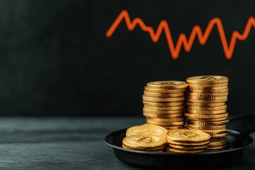 A stack of golden coins on a plate symbolizes wealth, with a fluctuating red line in the background suggesting market volatility.