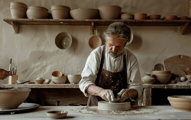 Senior potter with grey hair wearing dark apron making clay product in a studio. Pottery workshop banner. Ceramist craftsman at work. Crafted, artisanal, imperfect, organic, flawed, irregular texture