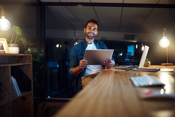 Aufkleber - Man, tablet and portrait at night at startup with smile, thinking or review with project at modern office. Person, digital touchscreen and happy with application, feedback or creative agency in Italy