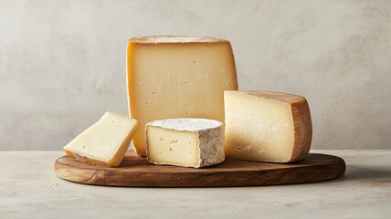 A rustic wooden board holds various types of cheese, showcasing different textures and shapes against a neutral background.