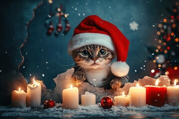 Innocent kitten with Santa hat amidst holiday candles