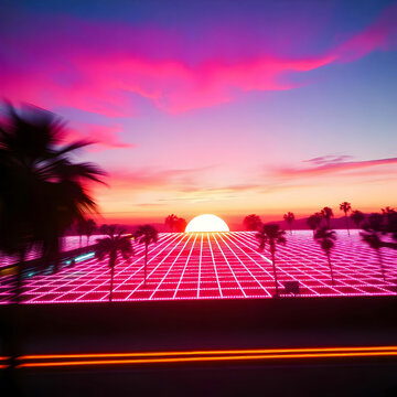 A synthwave-style scene showcasing a vibrant neon sunset, silhouetted palm trees,