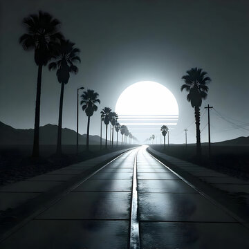 A synthwave-style scene showcasing a vibrant neon sunset, silhouetted palm trees,