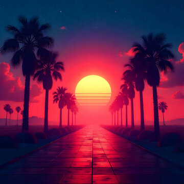 A synthwave-style scene showcasing a vibrant neon sunset, silhouetted palm trees,