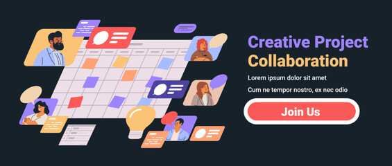Poster - creative project collaboration concept with diverse people discussing ideas and tasks around a calen