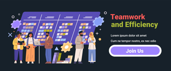 Poster - teamwork and efficiency concept with diverse team members collaborating in front of a task board dar