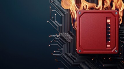 Poster - Red device with flames, circuit board background, modern technology concept.