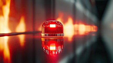 Poster - Red emergency light on reflective surface with blurred flames in the background.