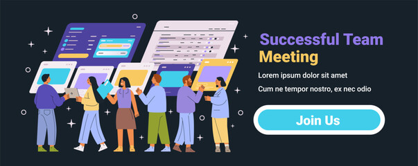 Poster - successful team meeting diverse group collaboration digital interface dark background modern design