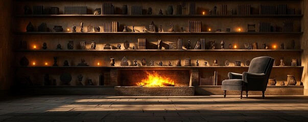 Leinwandbilder - Cozy interior with a chair and a warm fireplace surrounded by decorative shelves.