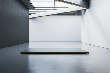 Poster - Modern spacious concrete interior with pedestal and mock up place on gray wall. Mock up, 3D Rendering.
