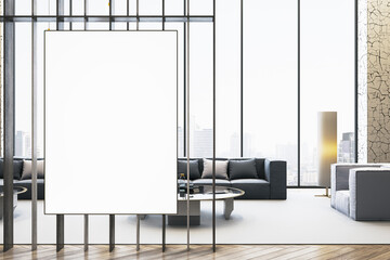 Poster - Contemporary spacious waiting area with empty white mock up banner, couches and coffee table in modern office interior with panoramic windows. 3D Rendering.