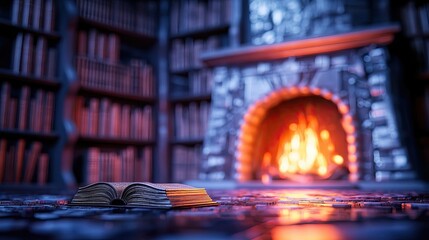Aufkleber - Open book in a cozy library with a warm fireplace ambiance.