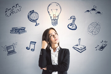 Aufkleber - Portrait of attractive young european businesswoman with business sketch on concrete wall background. Success, innovation, idea and technology concept.