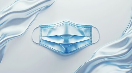 Close-up of light blue face mask, centered on a white background, minimal design, clean and sharp edges, medical accessory, highly detailed fabric texture