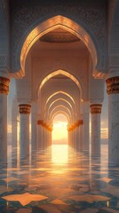 Wall Mural - A majestic architectural corridor with arches, reflecting the sunset on a serene surface.