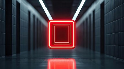 Poster - Neon square glow illuminating a modern corridor, dark walls and floor.