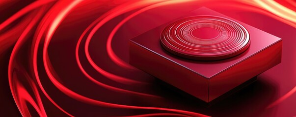 Poster - Red button with swirling background, modern design, tech concept.