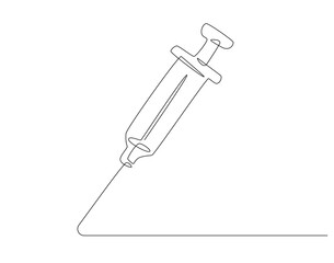 Continuous one line drawing of syringe for inject. One line drawing illustration of medical syringe. Medical health, vaccine vial, anti virus concept single line. Editable outline