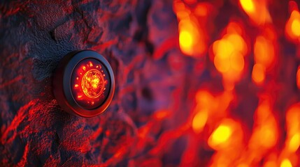 Poster - Red illuminated device mounted on textured wall, abstract technology backdrop.