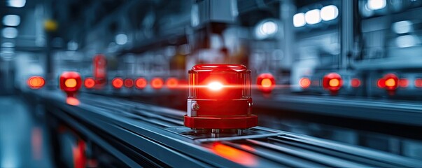 Poster - Red warning light on a production line, illuminated in an industrial setting.
