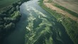 © Thidaphon - A river downstream from farms, heavily polluted with agricultural runoff, showing fertilizers and pesticides creating visible algae blooms and impacting water quality