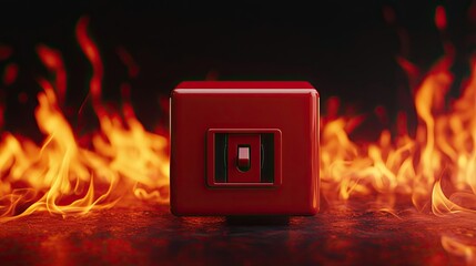 Poster - Red emergency stop button with flames in the background.