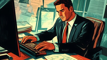 Cartoon man worker typing on computer keyboard. 