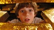 © FrozenPig - Boy Surprised by Gold Bars. Illustration background for presentation and wallpaper