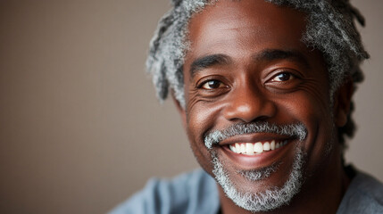 Portrait of black man with a big smile on his face. The man is smiling and looking at the camera