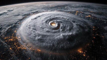 Poster - Aerial view of a powerful hurricane swirling over the Earth at night.