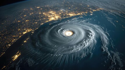 Poster - Aerial view of a powerful hurricane over the ocean, showcasing swirling clouds and energy.