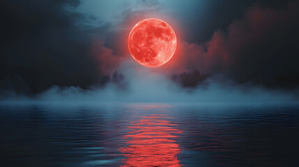 Canvas Print - a painting of a red moon rising over a body of water in front of a dark, foggy sky.