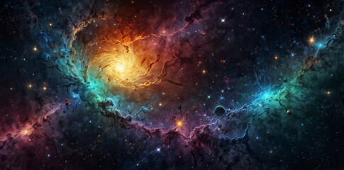 Wall Mural - On one side, show detailed cellular structures and atoms, while on the other side, expand into galaxies, stars, and nebulae. Use soft gradients to blend the scales, highlighting the unity