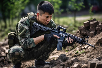 A Chinese soldier crouches strategically while holding a rifle, preparing for an operation amidst rough terrain in a training exercise