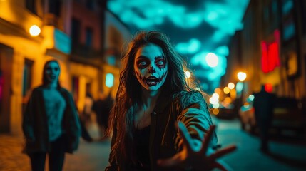 Halloween, young girl dressed as a zombie, face painted like a zombie, hands sticking out in front of her like a zombie, walking towards the front of the screen
