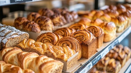 A keto bakery shelf with loaves of bread made from almond flour, lined up next to keto-friendly cinnamon rolls and croissants, with bright signage for the ketogenic diet