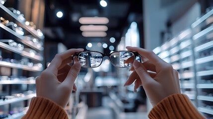 Hands holding eyeglasses in a modern optical store.