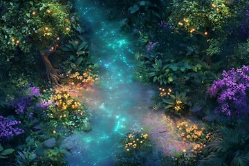 Sticker - An aerial view of a magical forest path with glowing water.