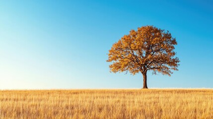 Poster - Lonely tree in a golden field under a clear blue sky, nature's serene beauty.
