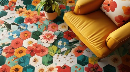 Poster - Colorful flowers encased in retro-inspired hexagons, creating a bold, rhythmic pattern that radiates with vibrant energy and floral charm. A perfect vintage touch.
