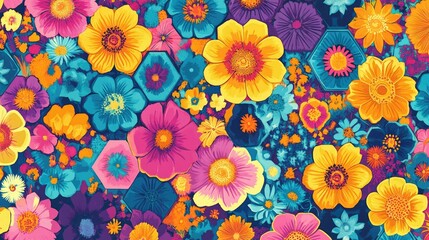 Leinwandbilder - Colorful florals in hexagonal shapes create a bold retro-inspired pattern with geometric precision. The vibrant hues offer a lively, rhythmic visual.