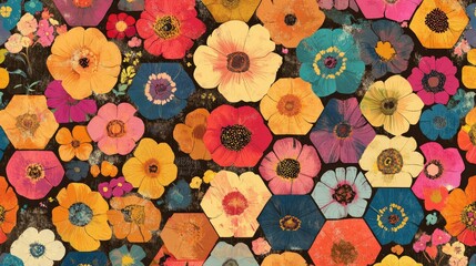 Poster - Colorful flowers encased in retro-inspired hexagons, creating a bold, rhythmic pattern that radiates with vibrant energy and floral charm. A perfect vintage touch.