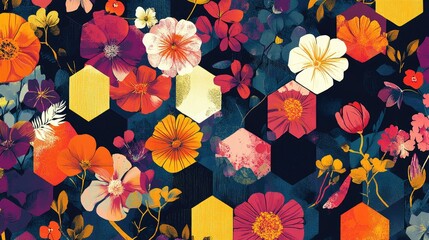 Leinwandbilder - Colorful florals in hexagonal shapes create a bold retro-inspired pattern with geometric precision. The vibrant hues offer a lively, rhythmic visual.