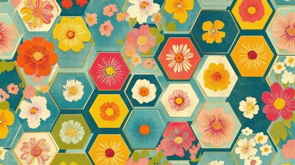 Poster - Colorful flowers encased in retro-inspired hexagons, creating a bold, rhythmic pattern that radiates with vibrant energy and floral charm. A perfect vintage touch.