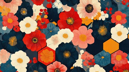 Leinwandbilder - Colorful retro florals in hexagonal shapes create a striking geometric pattern that evokes vintage charm, filled with visual rhythm and energy.