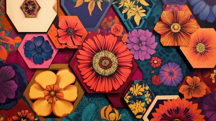 Leinwandbilder - Colorful retro florals within hexagonal shapes, creating a captivating geometric rhythm. The bold, vibrant hues evoke a vintage energy.