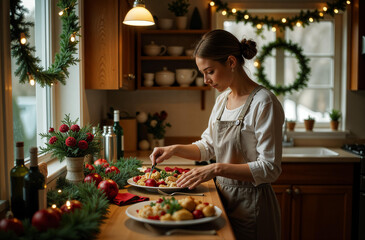a young woman prepares a festive dinner in the kitchen, the room is traditionally decorated for chri